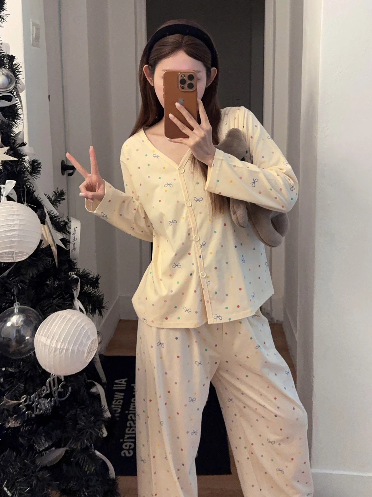 

Весенний комплект домашней одежды из чистого хлопка для женщин: легкий и удобный кардиган с V-образным вырезом и длинными рукавами, брюки.