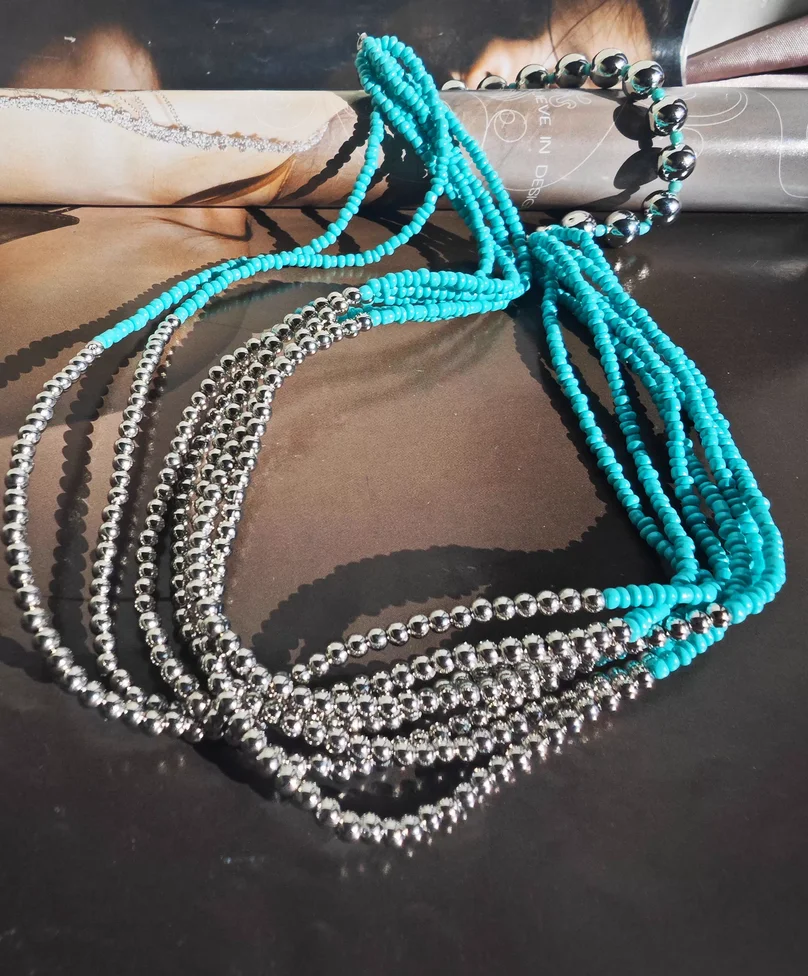 

European and American style beaded necklace with blue beads and silver chain