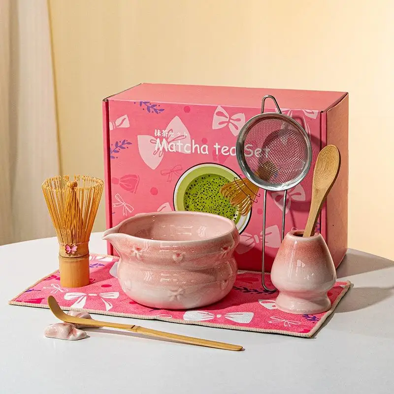 Kit de Preparación de Matcha Estilo Japonés, 5 Piezas, Tazón de Cerámica para Matcha, Taza de Té con Boquilla, Juego Completo para Preparar Té Matcha