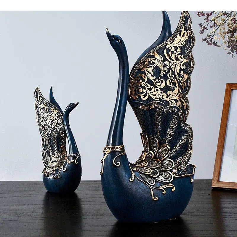 European Retro Painted Swan Statue 2pcs Resin Crafts Sculpture Desk Decoration Ornaments Wedding Gifts Vintage Home Decor
