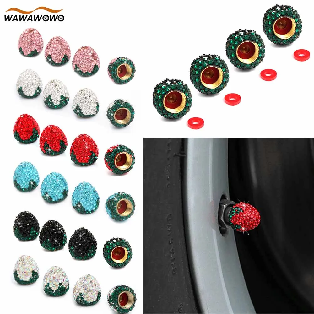 4Pcs/Set Strawberry Tire Valve Stem Caps Sparkling Attractive Handmade Crystal Rhinestone Dustproof Valve Covers Car Accessories