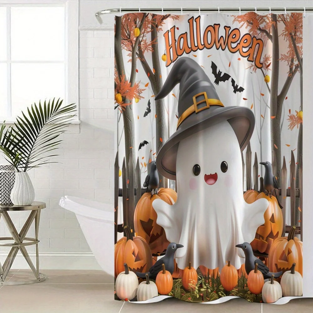 4pcs Halloween Bathroom Set - Ghost, Witch Hat & Pumpkin Shower Curtain, Toilet Cover & Mats, Spooky Festive Decor