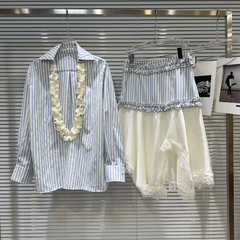 

2025 Summer Striped Contrast Color Long Sleeve Shirt And High Waist Fungus Edge Splicing Mid-calf Skirts Women Commute Set