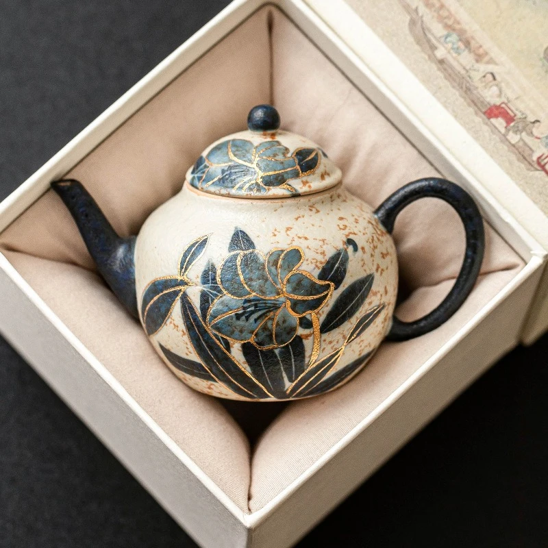 

Синий и белый керамический чайник Flimbake, фарфоровая золотая живопись, ручная роспись, лилия, маленький чайный сервиз Gongfu, термостойкий, без ожогов