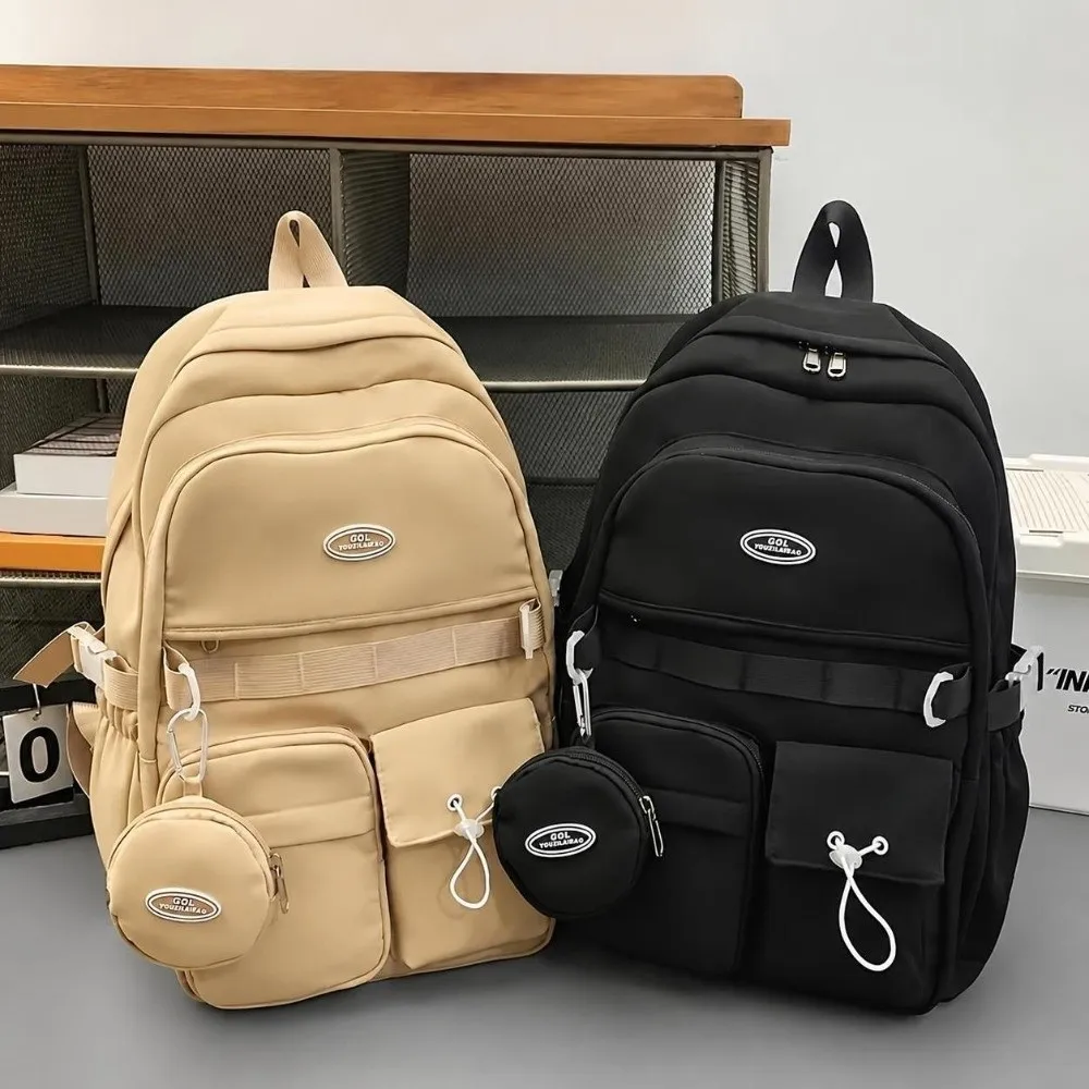 Multi-pocket Sports Backpack Large Capacity Solid Color Students Schoolbag with Small Bag Nylon Travel Backpack for Teenage