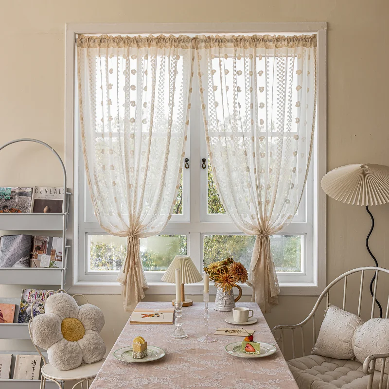 American Jacquard Three-dimensional Pompom Transparent Curtains for Living Room, Bedroom and Dining Room Window Drapes