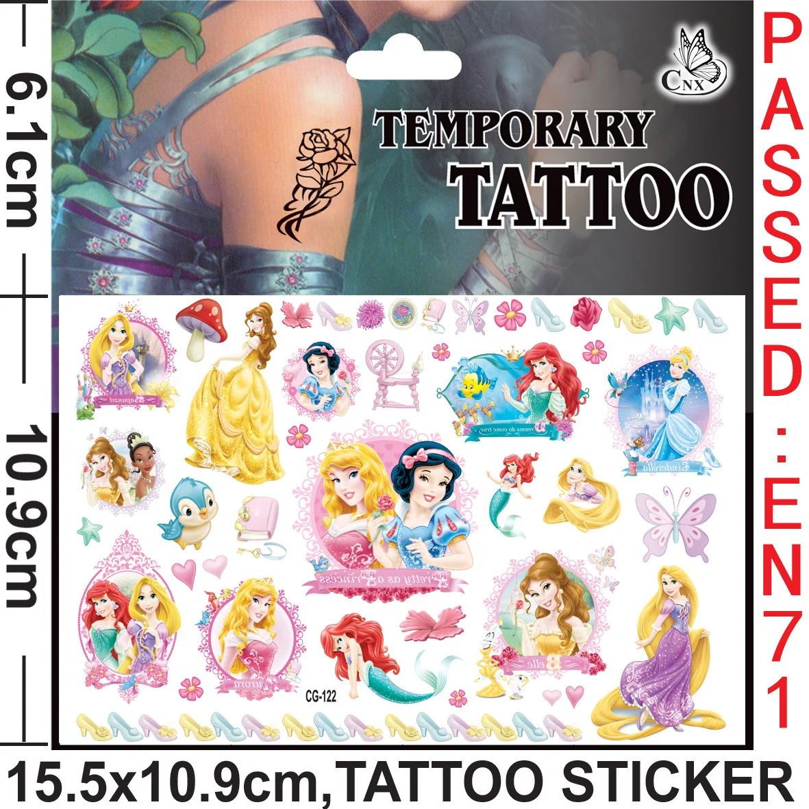 Disney Princess Tattoo Sticker Cartoon Snow White Belle Ariel Figure Sticker Toy for Girls Children's Birthday Party Gift