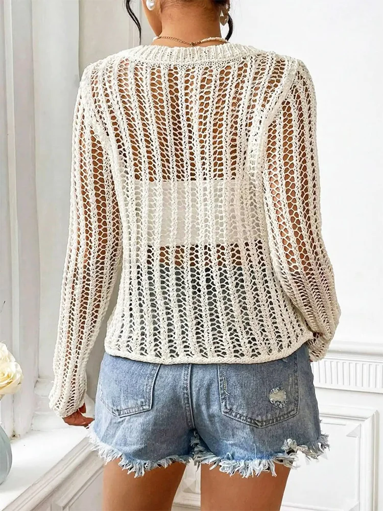 Hollow Out Knit Sweater O-neck Long Sleeve Top Women Solid Knitted Pullover Sweaters Female Mesh Cover Ups Streetwear Casual