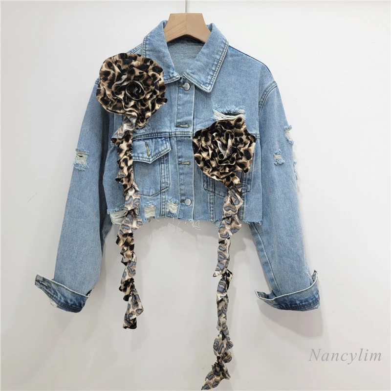 European and American Style Denim Jacket Women New Fashion Three-dimensional Flower Irregular Coat Short Hole Jacket Spring Fall