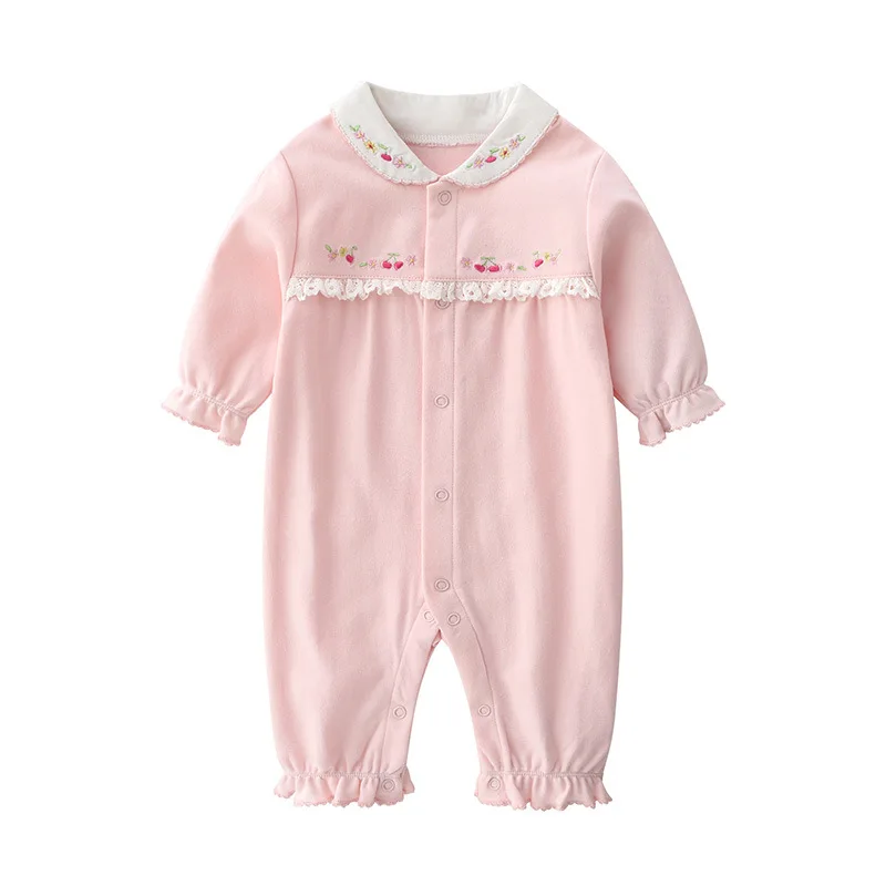 Newborn Girls Rompers Spring Autumn Lace Embroidery Long Sleeve Solid Cotton Baby Girls Bodysuit Infant Girls Jumpsuit