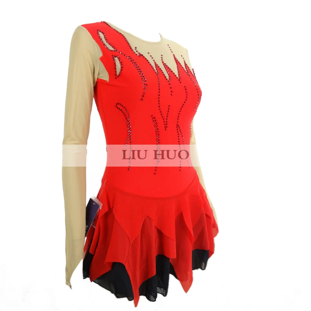 LIUHUO Women Girls Performance Ballet Competition Leotard Ice Figure Skating Dress Dance Costume Skirt Red Teens Round Neck Kids