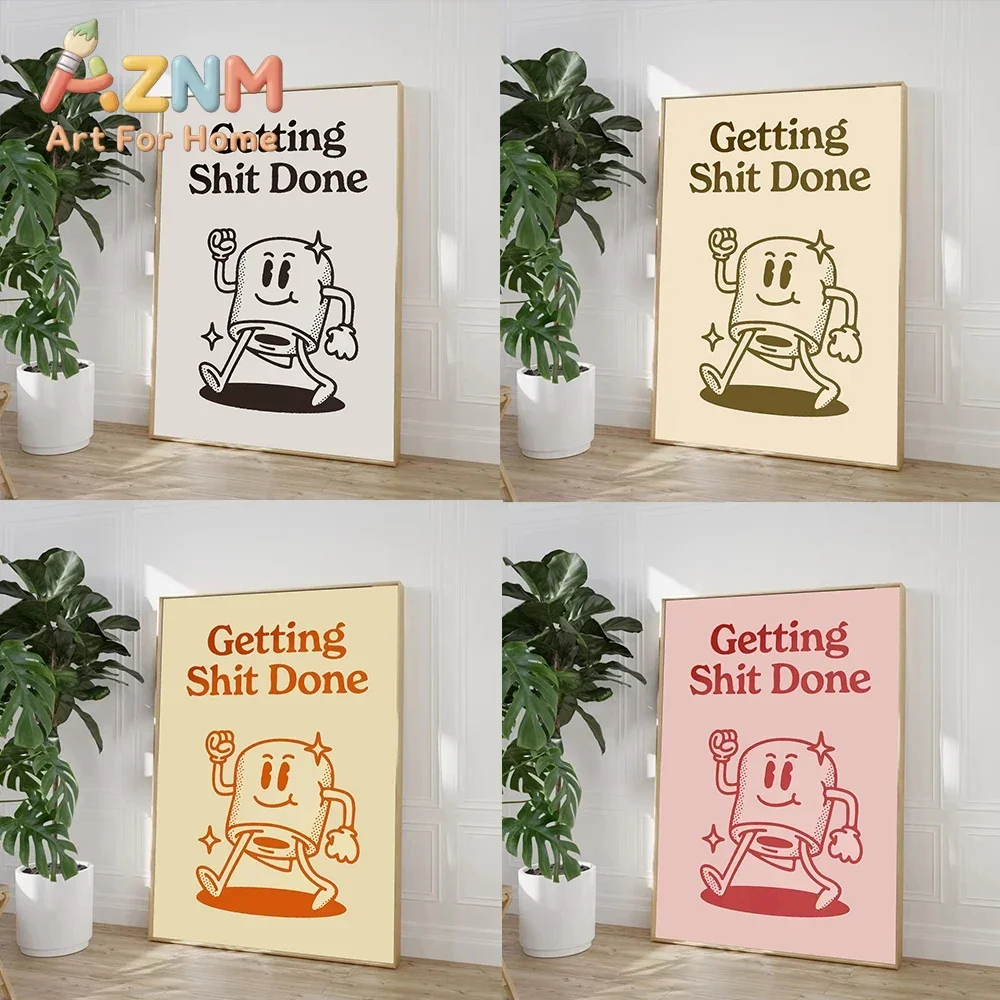 AZNM Retro Cartoon Toilet Roll Character Canvas Painting, Funny Getting Shit Done Quote Print, Humorous Bathroom Restroom Wall A