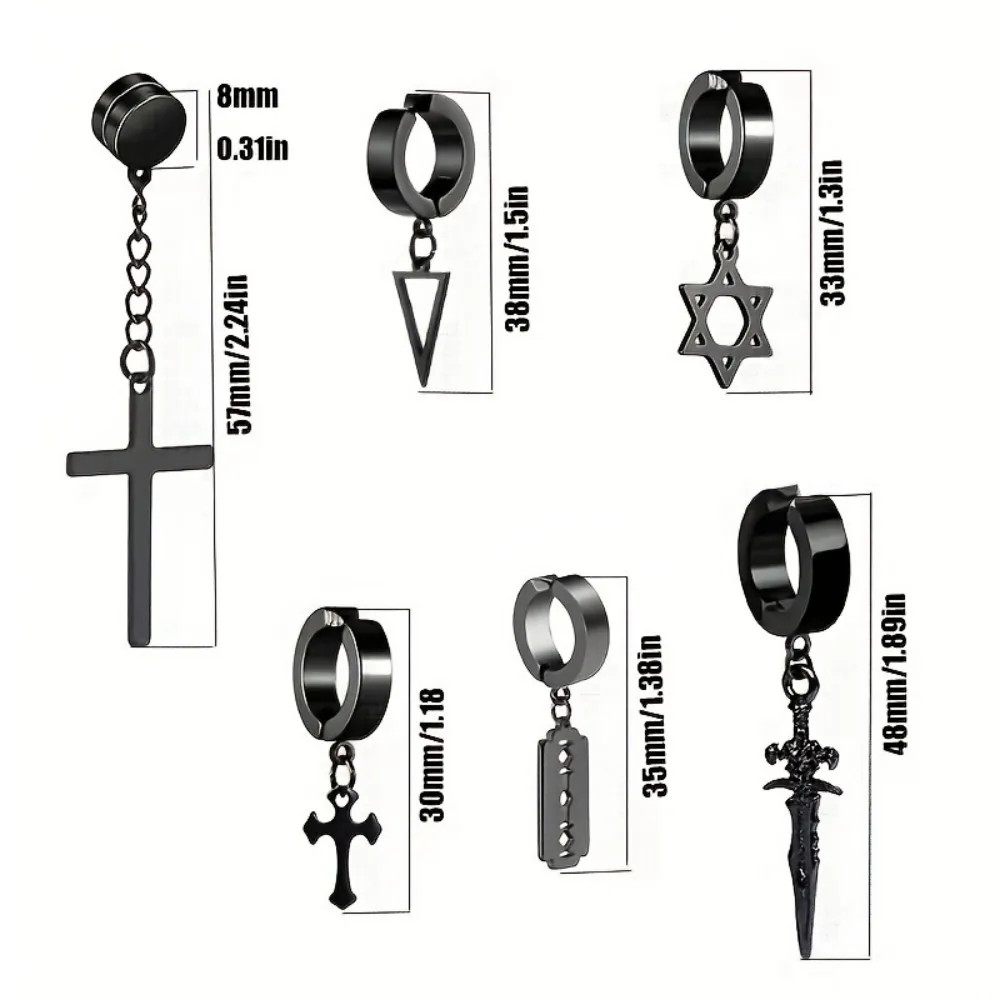 7pcs Men's Steel Earrings Set Black Jewelry No Ear Holes Cross Ear Clip Men's Stainless Steel Tassel Fishbone Ear Buckle