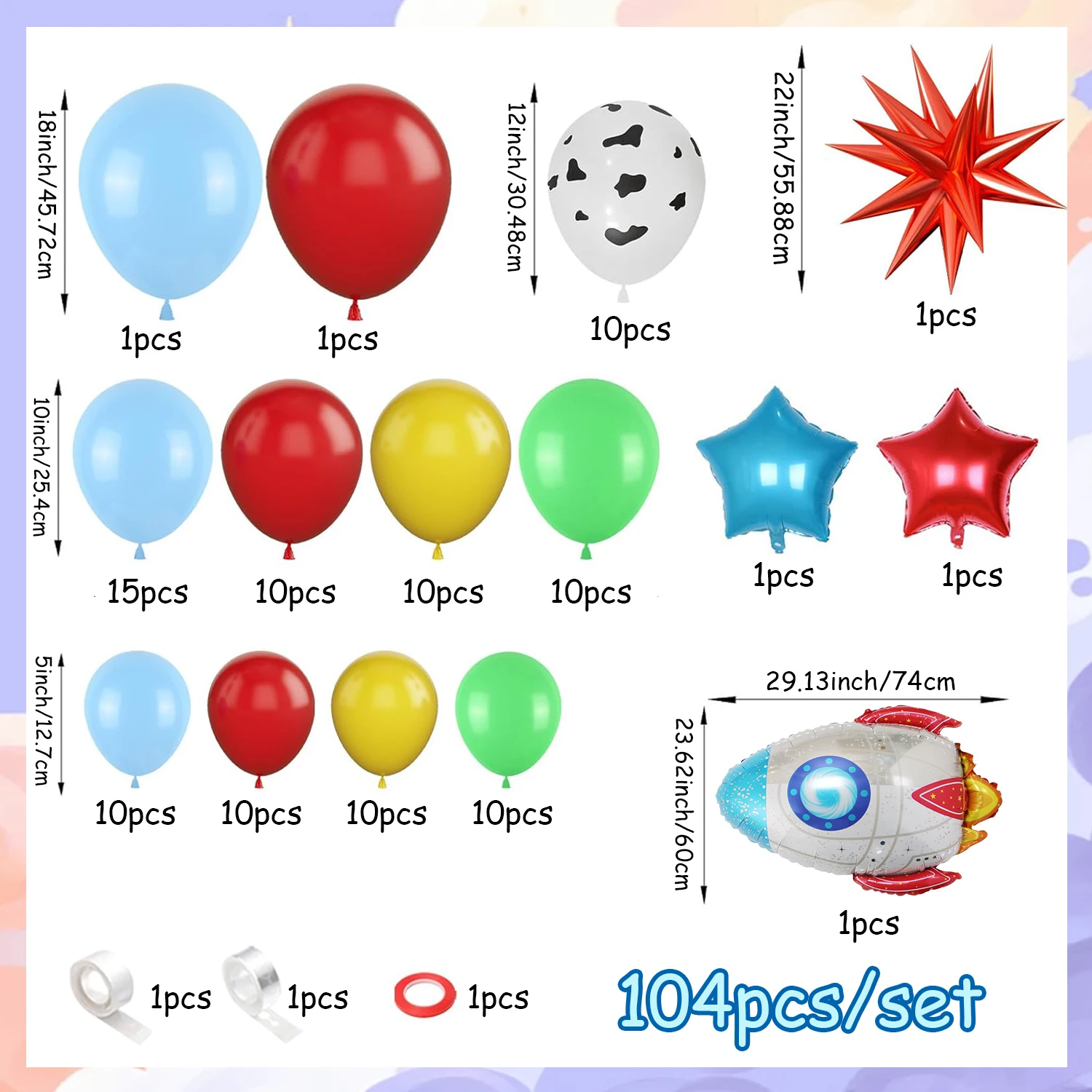 104pcs cartoon toy theme balloon arched wreath set, red blue yellow green balloon with exploding star rocket foil balloon, suita