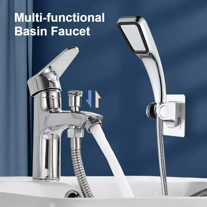 

Simple Chrome Single Hole Basin Sink Mixer Faucet Multifunctional Household Bathroom Faucets Deck Mounted Bathroom Accessories