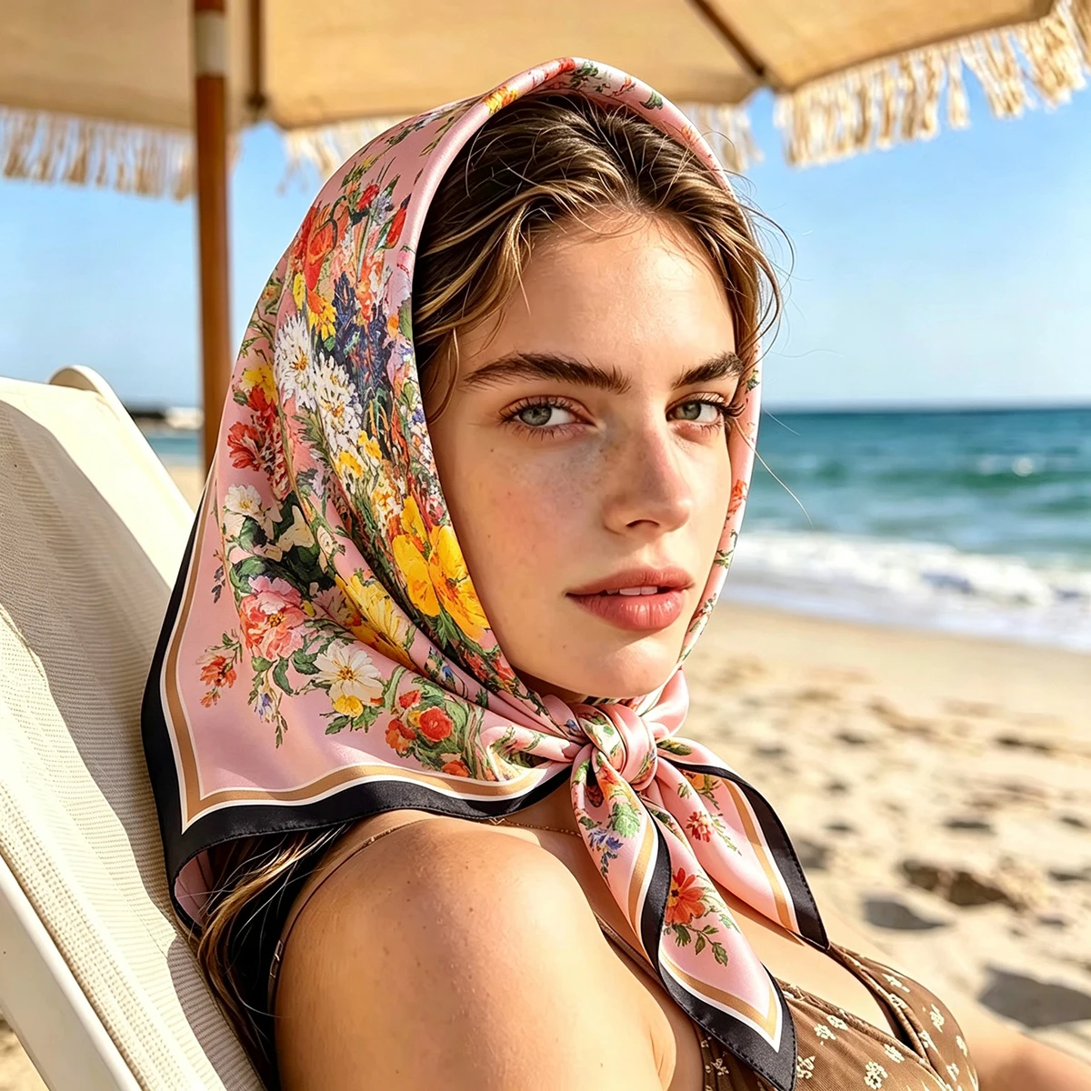 Summer Women's Imitation Silk Scarf Oil Pattern Square Hairband Foulard Bandana Neck Kerchief Headbands Female Accessory