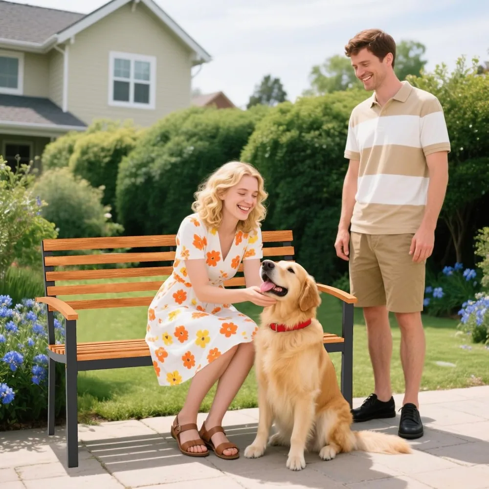 

Outdoor Bench, Acacia Wood Patio Loveseat with Slatted Backrest & Seat, Armrests, Heavy Duty Metal Frame, 800 lbs Capacity.