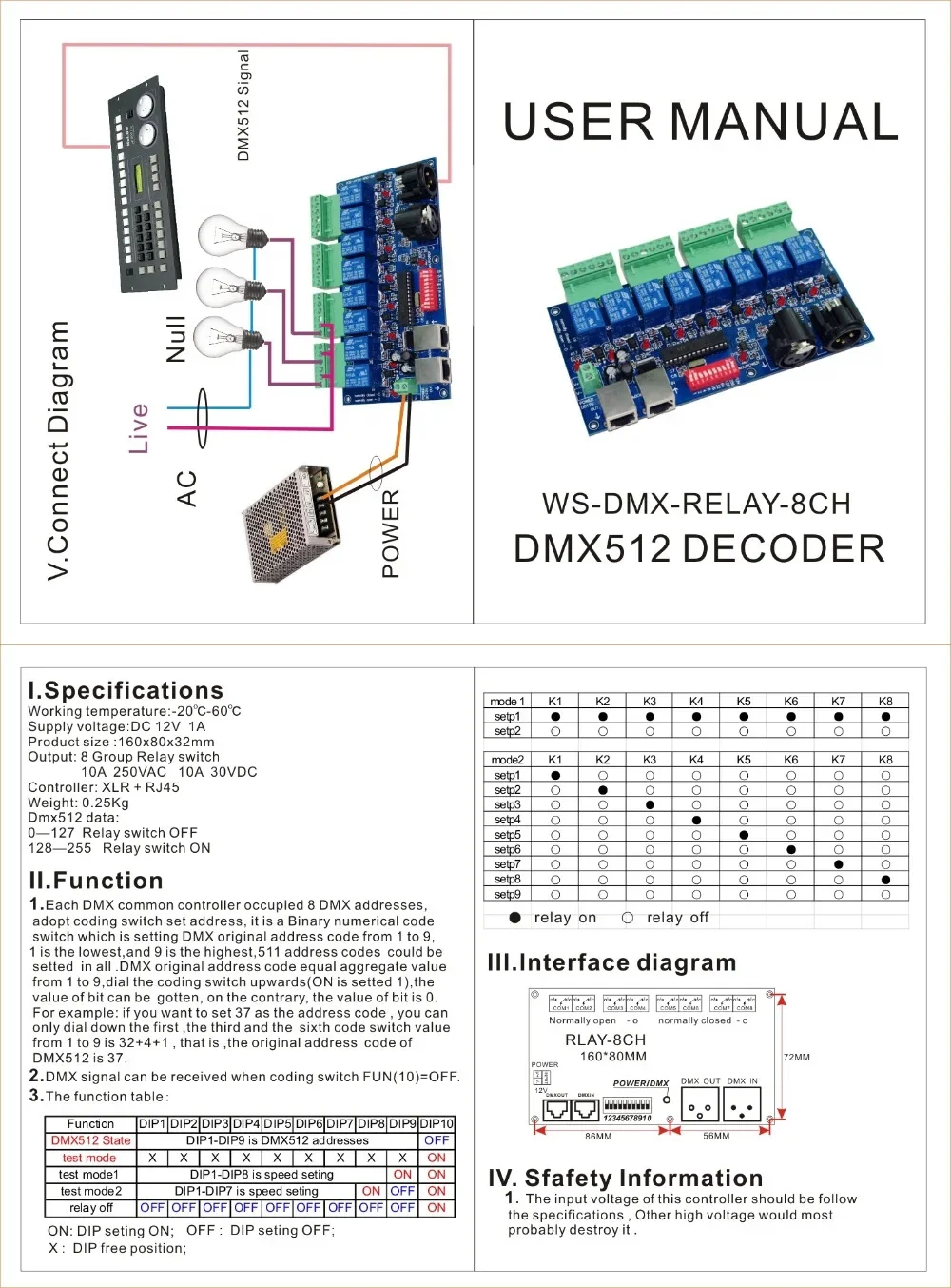 8 Channe DC12V 10A Relay Switch Dmx512 Controller 8 way Relay Switch,10A*8CH Led Light Controller