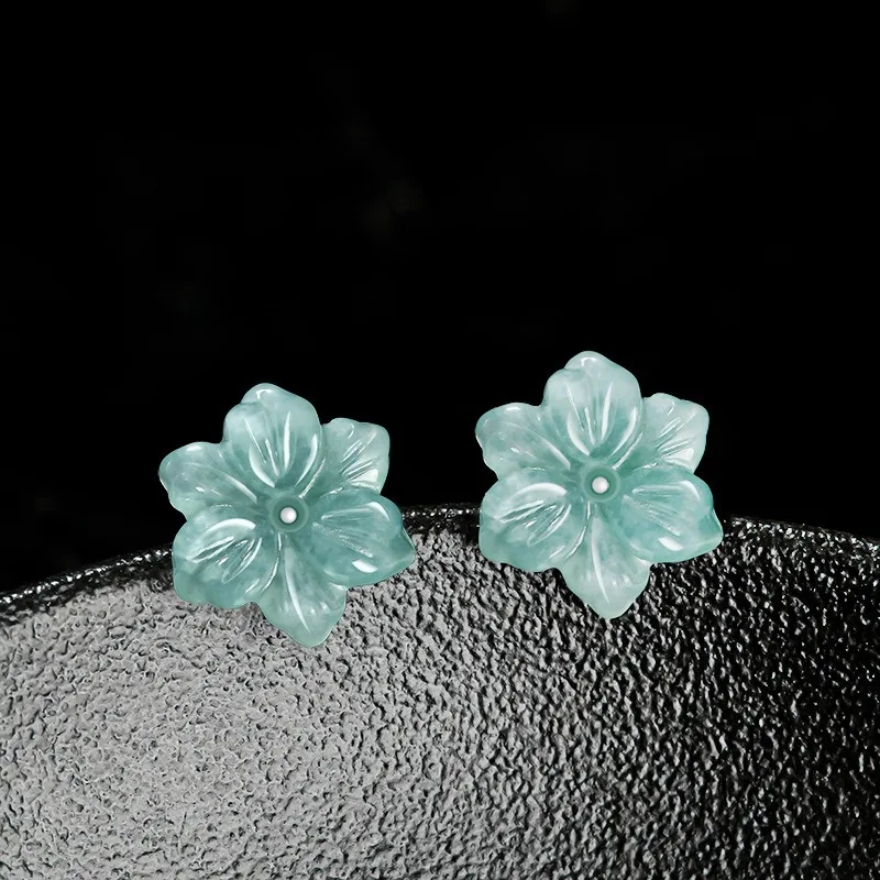 

Natural Blue Emerald Orchid 925 Silver Earring Hand-carved Jade Fashion Charm Jewelry Accessories Amulet Luxury Gift for Women