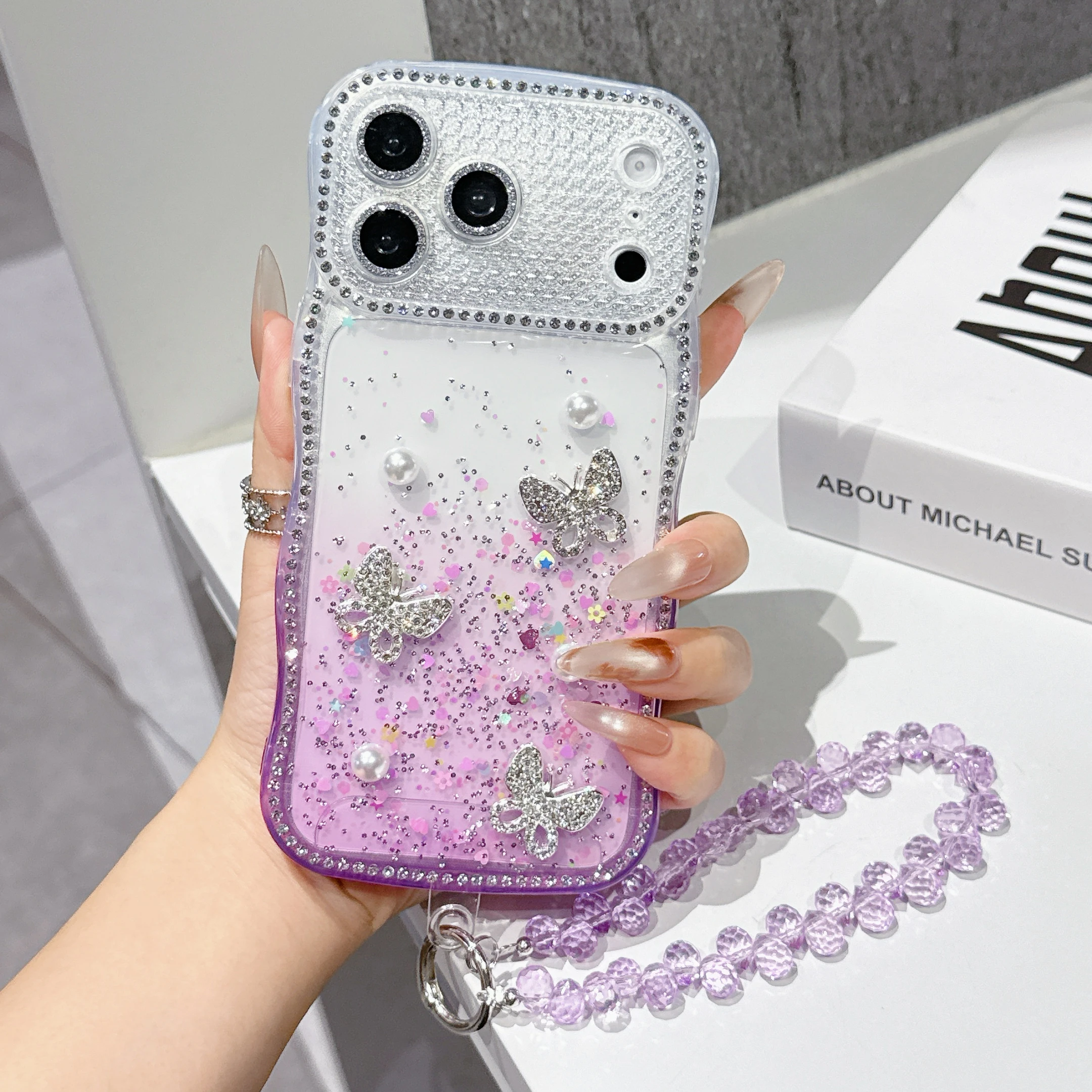 

Luxury Glitter Gradient Phone Case For IPhone 17 Pro Max 16 15 Rhinestone Heart Mirror Wrist Strap Lanyard Shockproof Back Cover