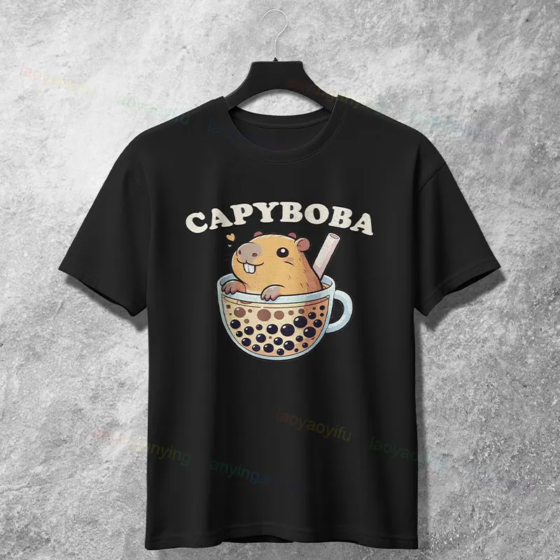 

Unisex Funny Capybara Boba Milk Tea Graphic T-shirt Casual 100% Cotton Short-sleeve Originality Tee for Outdoor Clothing