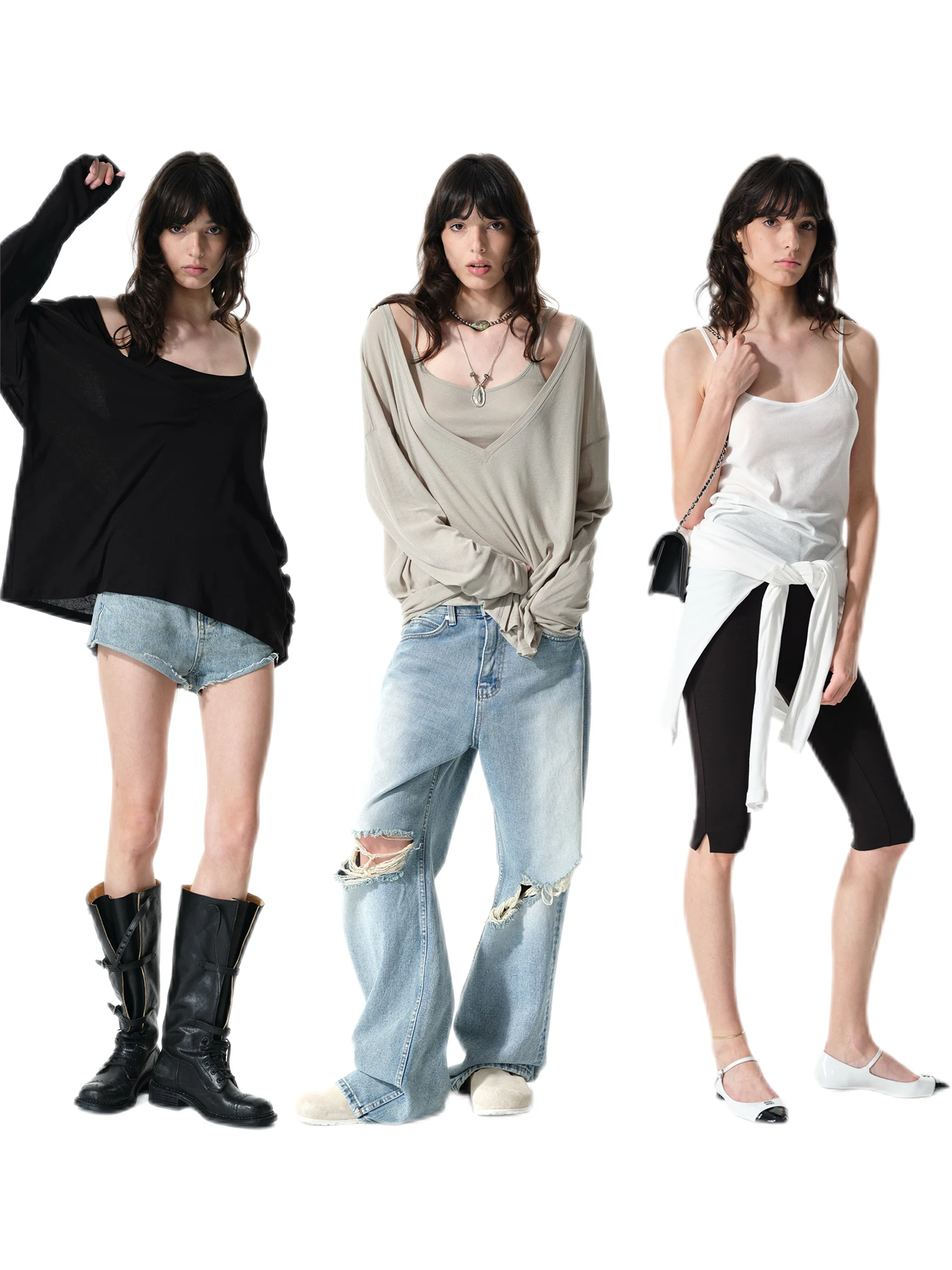 

Laid-ba Летний комплект из двух предметов V-Ne Long Sve Silk-Like Майка из смеси хлопка Удобная свободная футболка для женщин