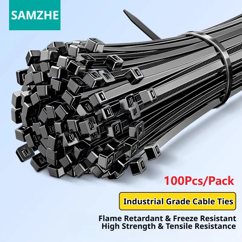 SAMZHE 100/200 Stuks Zelfsluitende Nylon Industriële Kabelbinder Zwart 2.5mm-4.8mm Bevestig Kabel Organizer Draad Kabel ZipTie Verstelbaar