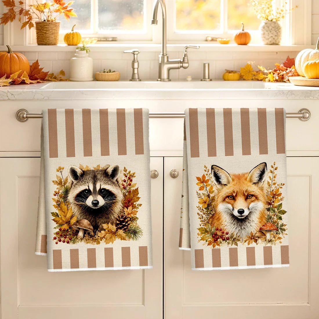 2pcs Set Kitchen Towels Brown Striped Forest Fox Raccoon Hand Towels Christmas Decorations For Home Noel Dish Towels Gifts