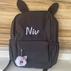 Embroidered New Fashionable And Minimalist Rabbit Ear Nylon Cloth Backpack, Name Custom Male And Female Student Travel Gift Bags