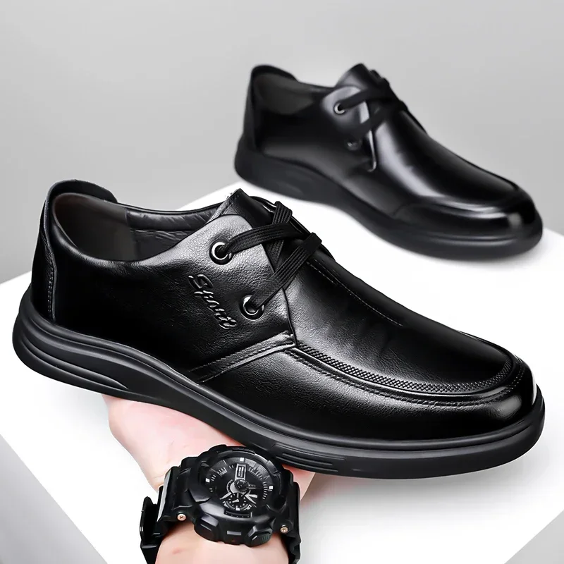 Men's Genuine Leather Lace-up Shoes, Comfortable Breathable, Anti-slip Soft Sole Business Casual for Commute & Driving-HX662026