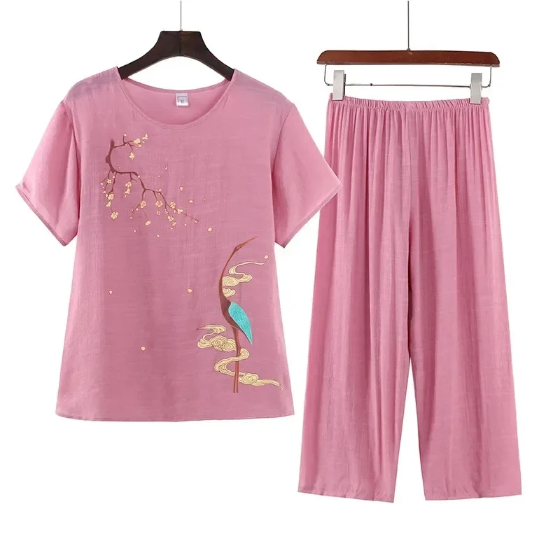 Dames Zomer Katoenen Linnen Korte Mouwen Tweedelige Set Zomer Dames Pyjama Top + Broek Tweedelige Set Home Service