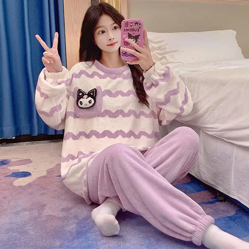 Hot Sanrio Girl Flannel Round Neck Winter Thickening Leisure Time Pajama Set Kawaii Kuromi Comic Keep Warm Leisure Wear New Kit