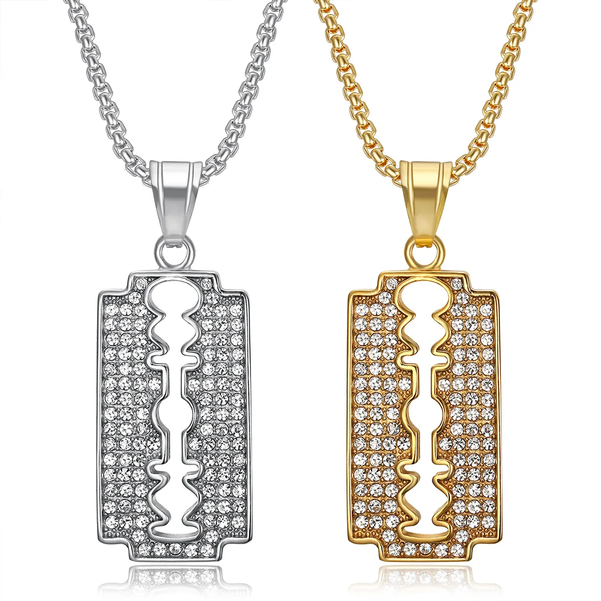 Punk Rock Razor Blade Pendant Necklaces Male Golden Color Stainless Steel Chain for Men Women Hip Hop Iced Out Bling Jewelry