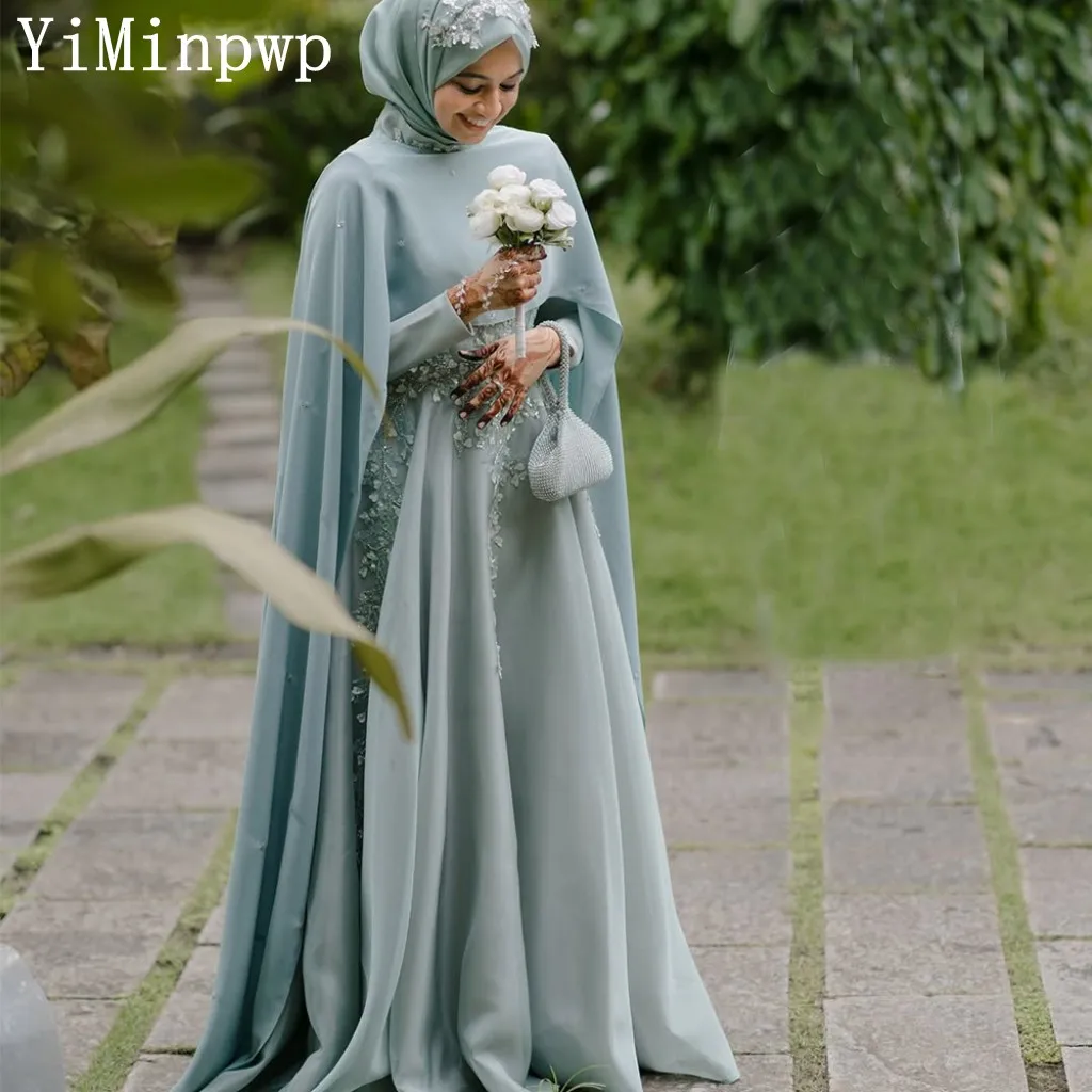 

Summer Wedding Dresses for Hijab Bride with Cape High Neck Long Sleeve Floor Length Lace Chiffon Muslim Bridal Gowns Customized