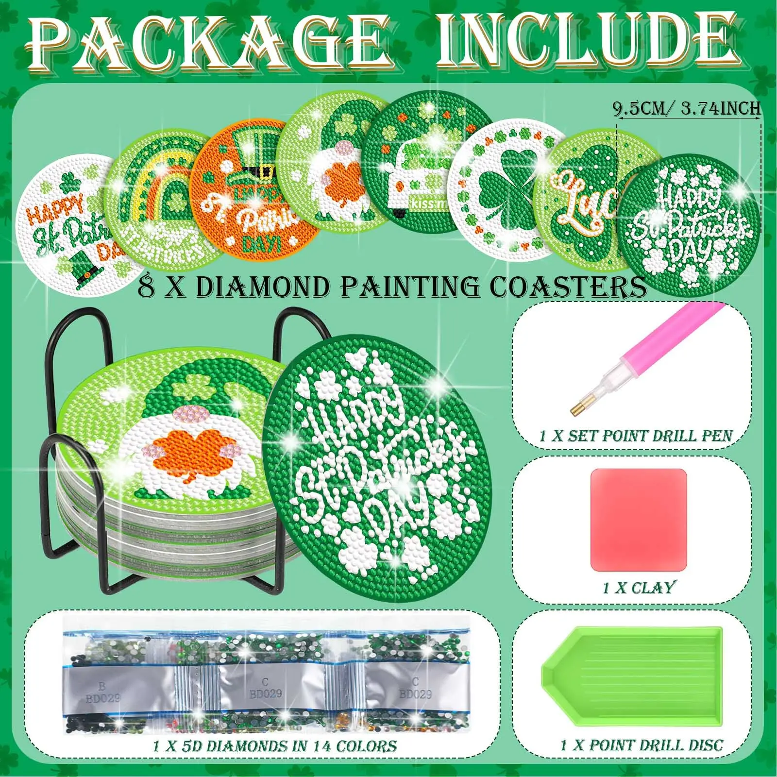 8PCS DIY Diamond Coasters St. Patrick's Day Craft Decoration Handmade Table Decor Placemat