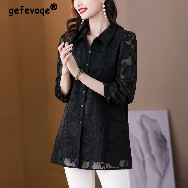 

Women Sexy Sheer Mesh Lace Button Up Shirt Office Lady Casual Elegant Blouse Black Long Sleeve Loose Tops Korean Fashion Blusas