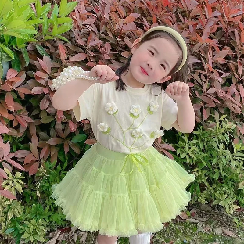 2 3 4 5 6 7 8 Years Girls Clothing Sets Summer Flower Tops And Tutu Skirt Little Princess Baby Suits Birthday Party Kids Clothes