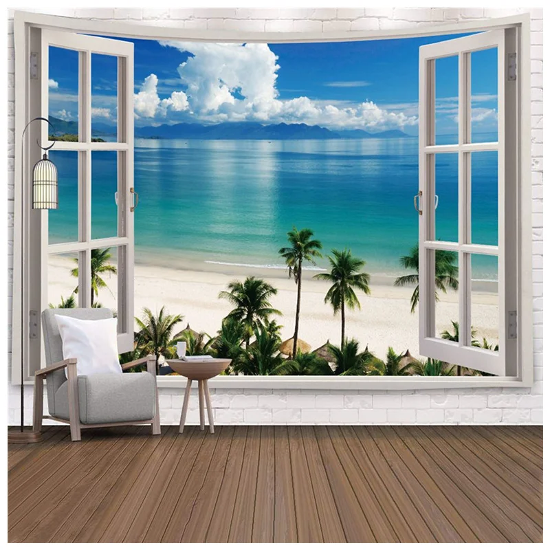 Imitation Window Landscape Tapestry Wall Hanging Tropical Tree Tapestries Art Home Decoration Sea Sunrise Dorm