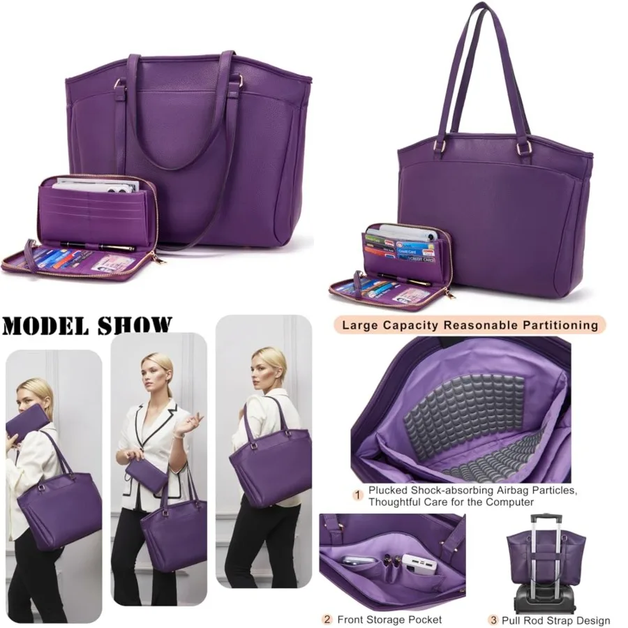 15.6 Inch Laptop Tote Bag for Women, Lightweight Water-resistant Vegan Leather with Padded Sleeve Multi-Pocket Work Bag