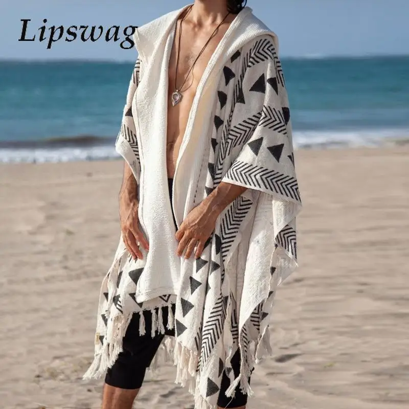 

Summer Beach Boho Loose Hooded Cardigans Men Robes Retro Tassel Desiner Smock Cardigan Vintage Ethnic Pattern Mens Long Cloaks