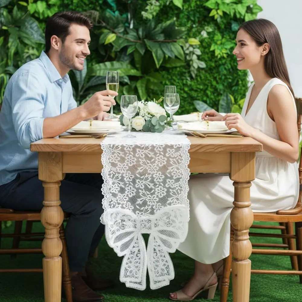 Vintage White Lace Table Runner with Big Bow Ends Floral Table Flag Rectangle Embroidered Tablecloth Home Decor