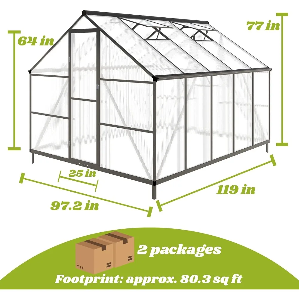 8 x 10 FT Outdoor Polycarbonate Greenhouse, Charcoal Black