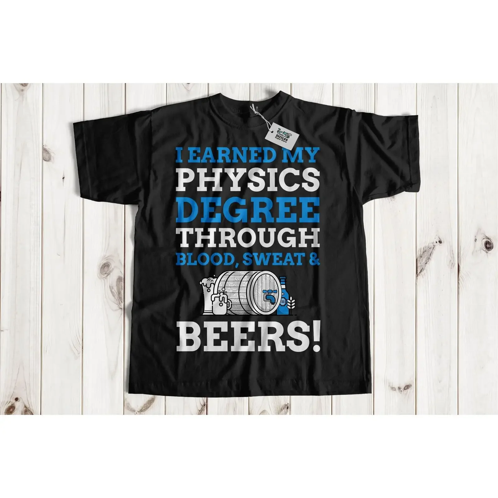 Camiseta divertida con la frase "Obtuví mi grado en Física con sangre, sudor y cervezas" para graduación de fisicistas, estilo vintage, lavada y cómoda.