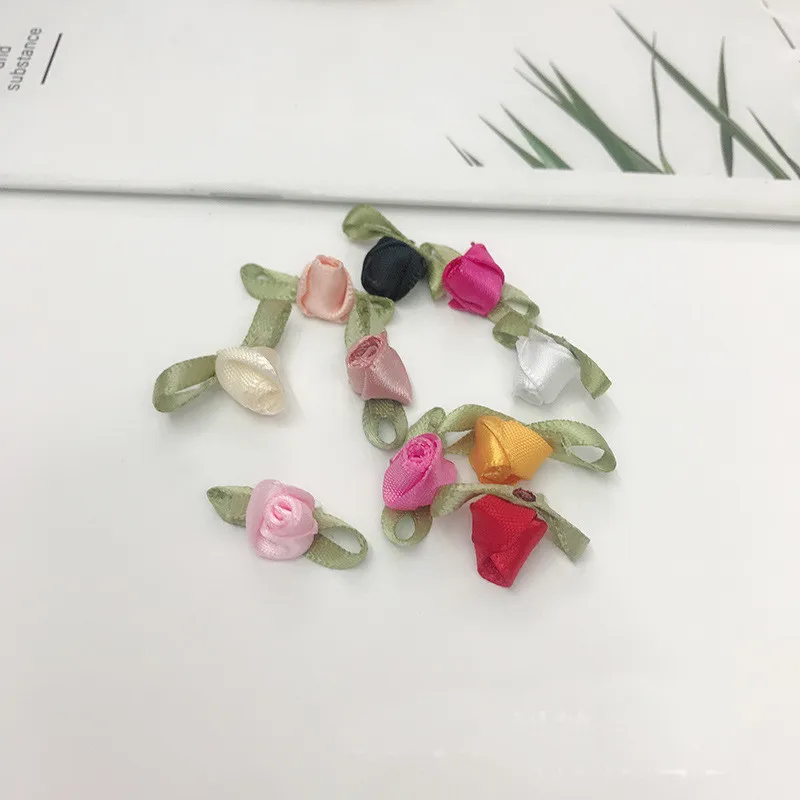 100pcs/Lot 2cm Polyester Ribbon Leaf Bud Small Rose Handmade Cute Flower Wedding Hair Accessories