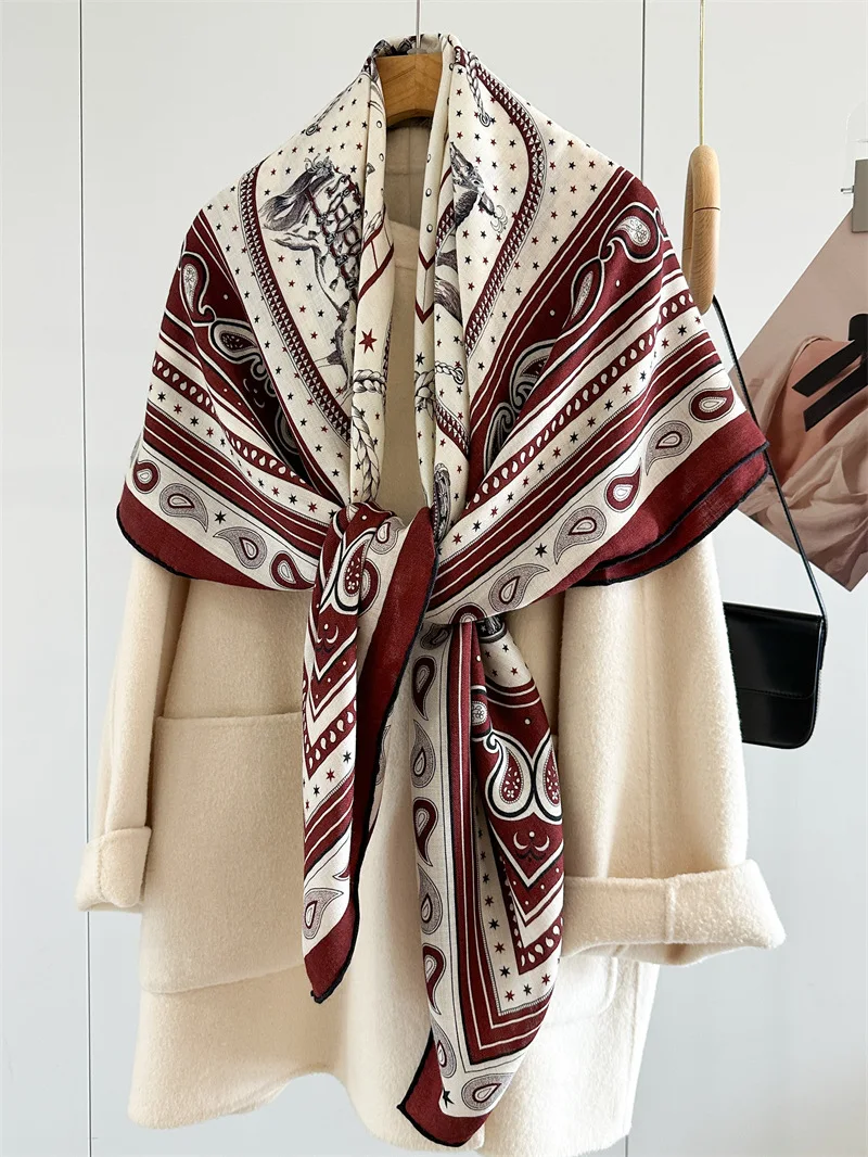 Horse Winter Silk Wool Scarf 135cm Luxury Large Pashmina Square Hand-Rolled Shawls for Women Stole Head Hair Accessories