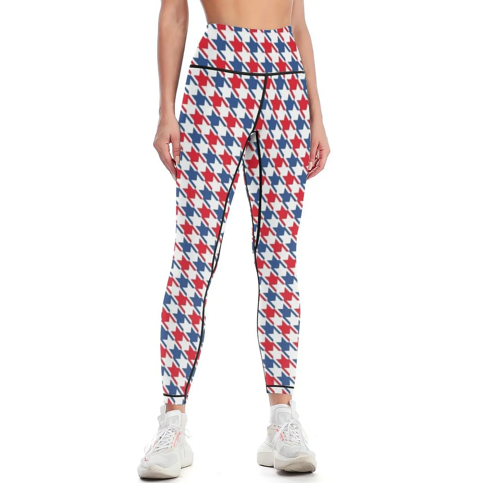 

Red White and Blue Colors Houndstooth Pattern Leggings Sweatpants high waist Women's push up Womens Leggings