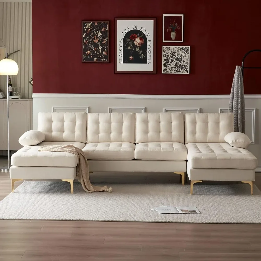 Convertible Sectional Sofa Couch with Double Chaises, Creamy-White, Linen Fabric Upholstered, 110