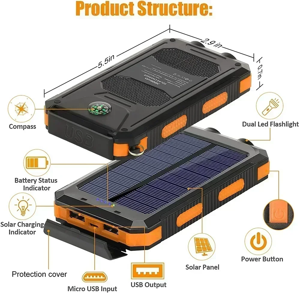 Lenovo 50000mAh Solar Power Bank Portable Charging Powerbank External Battery Charger Strong Light LED Light For IPhone Samsung view 6