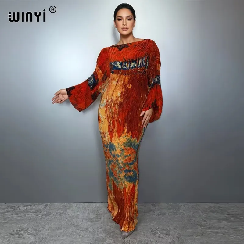 WINYI summer Pleated Elastic loose dress holiday boho beach cover up maxi kaftan abaya muslim woman dubai luxury party dresses view 5