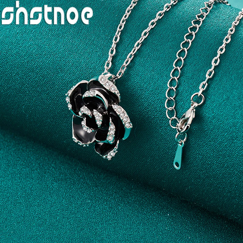 

SHSTONE 925 Sterling Silver Gothic Black Rose Flower Pendant Necklace For Women 40-75cm Chain Birthday Party Fashion Jewelry